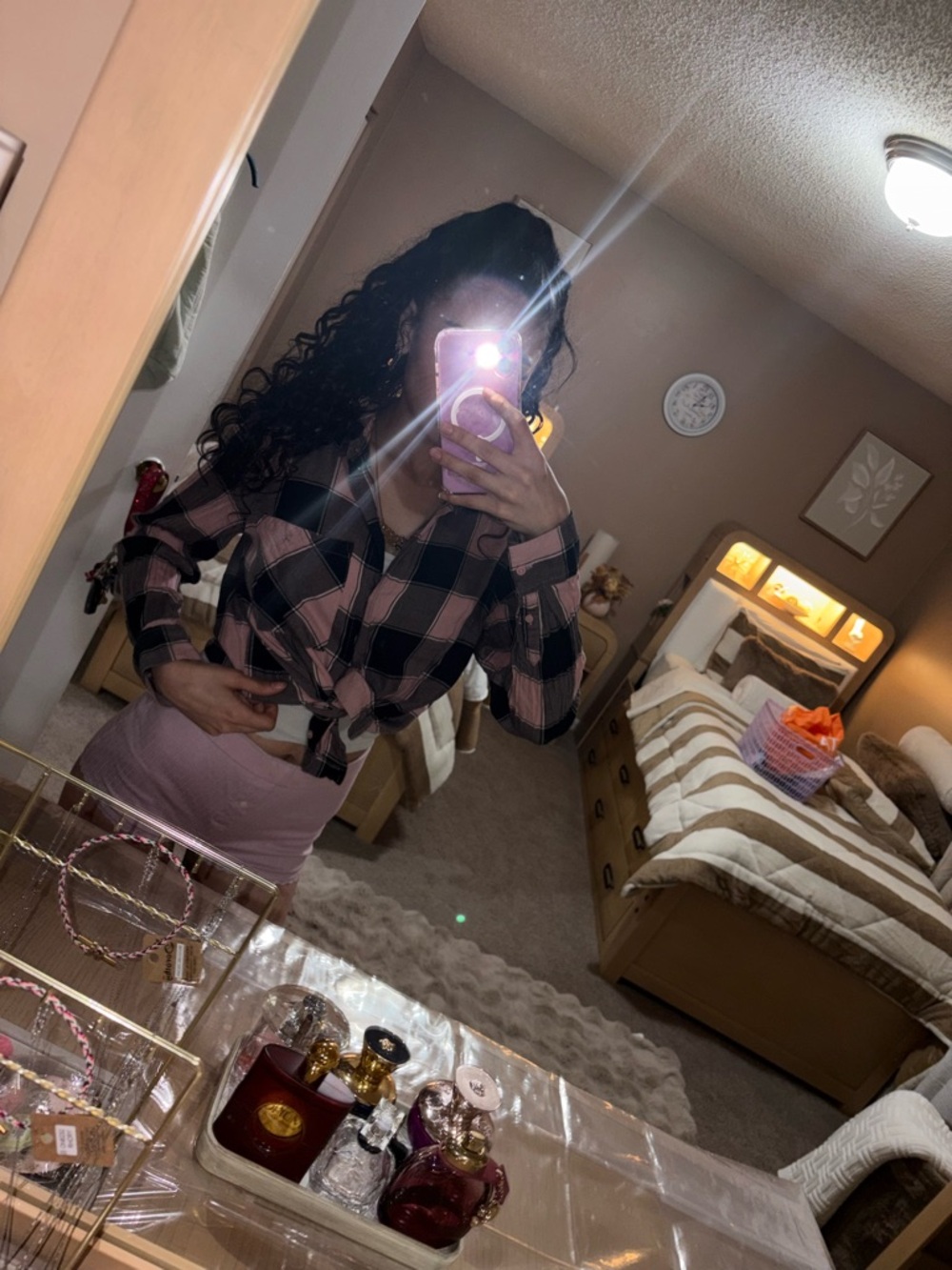 Pink and Black Plaid Tie-Front Shirt